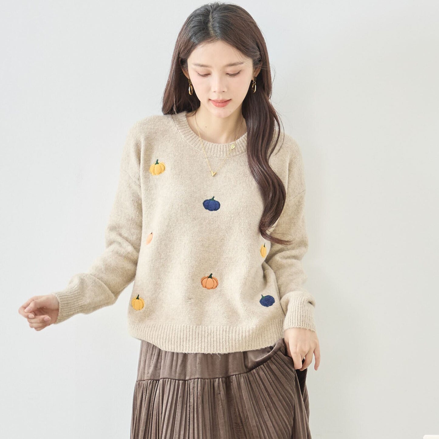 M~L】カラフルパンプキン刺繍ニットプルオーバー(N15-273)