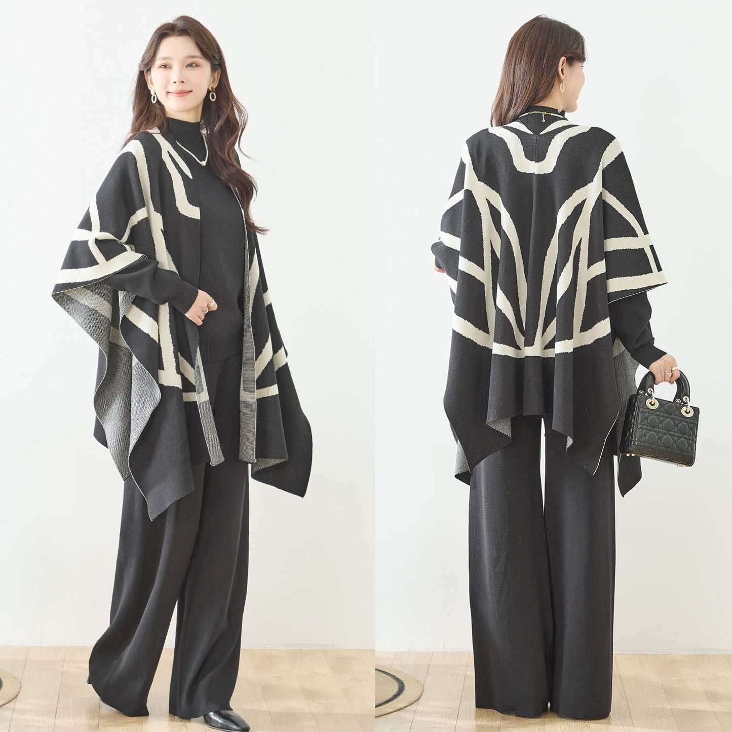 【3点セット】ライン柄ジャガードニットセットアップ|カーディガン・トップス・パンツ(M〜L)