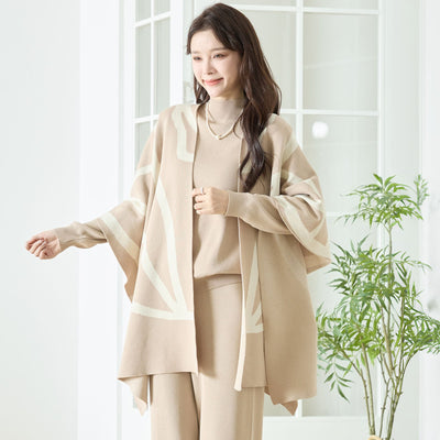 【3点セット】ライン柄ジャガードニットセットアップ|カーディガン・トップス・パンツ(M〜L)