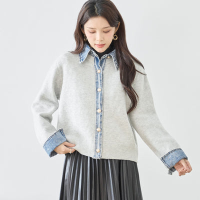 異素材切替 デニム衿×カーディガン