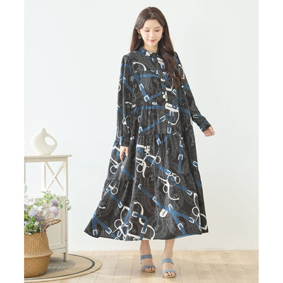 幾何学グラフィックロングワンピース｜バンドカラー・体型カバー【M〜L】