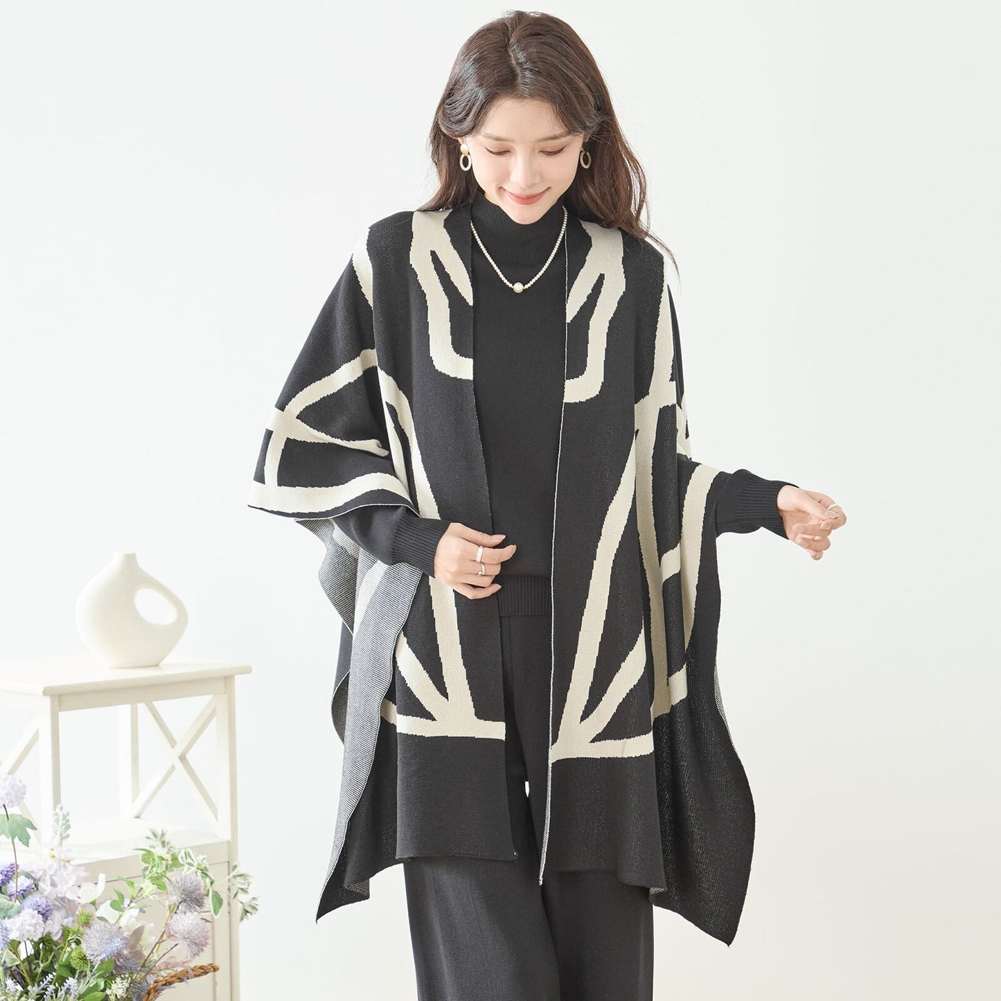 【3点セット】ライン柄ジャガードニットセットアップ｜カーディガン・トップス・パンツ（M〜L）