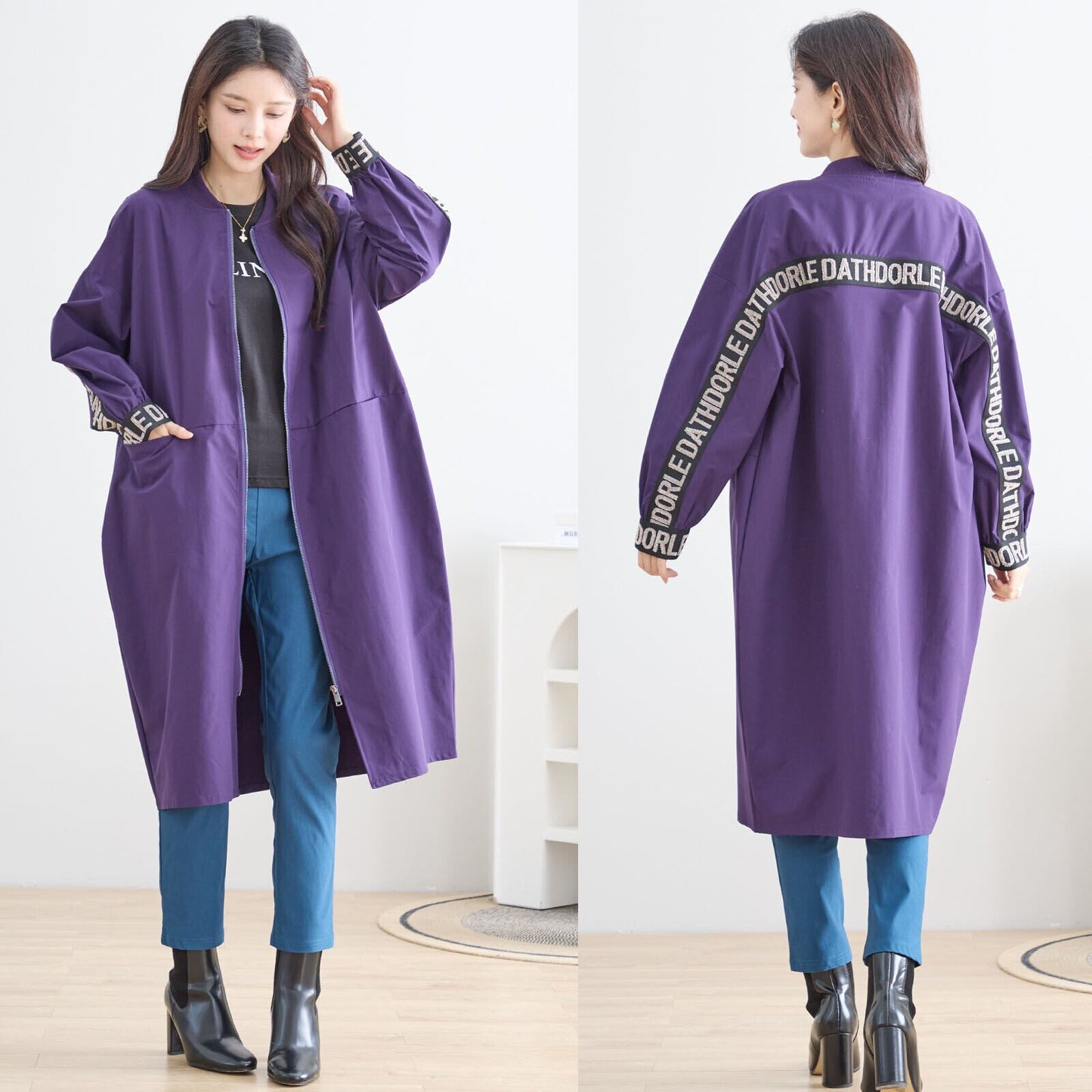 ロング丈スポーティーコート｜立体刺繍ロゴ／ゆったりシルエット