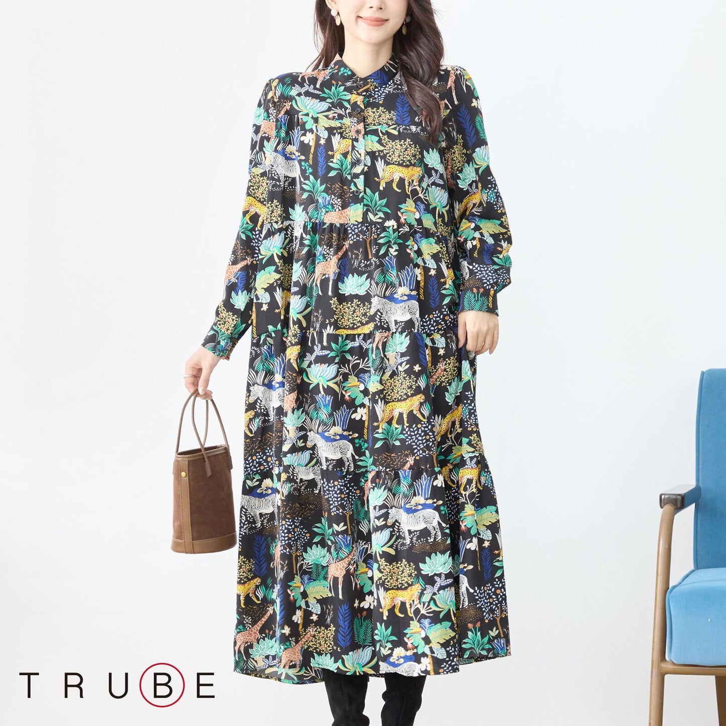 【L〜LLサイズ】サファリ柄　プルオーバーロングワンピース