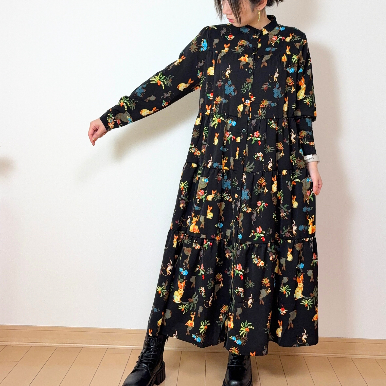 【前開き】3段ティアードロングワンピース　7柄｜イラスト／ドット／リボン柄／サファリ／バニードット／森の動物／B柄