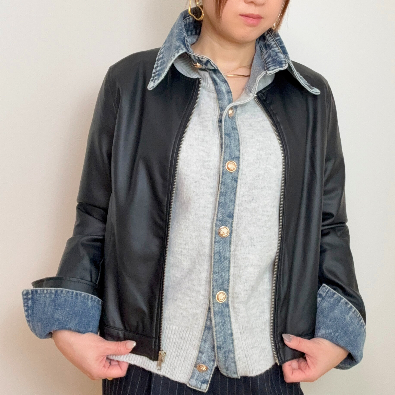 異素材切替 デニム衿×カーディガン