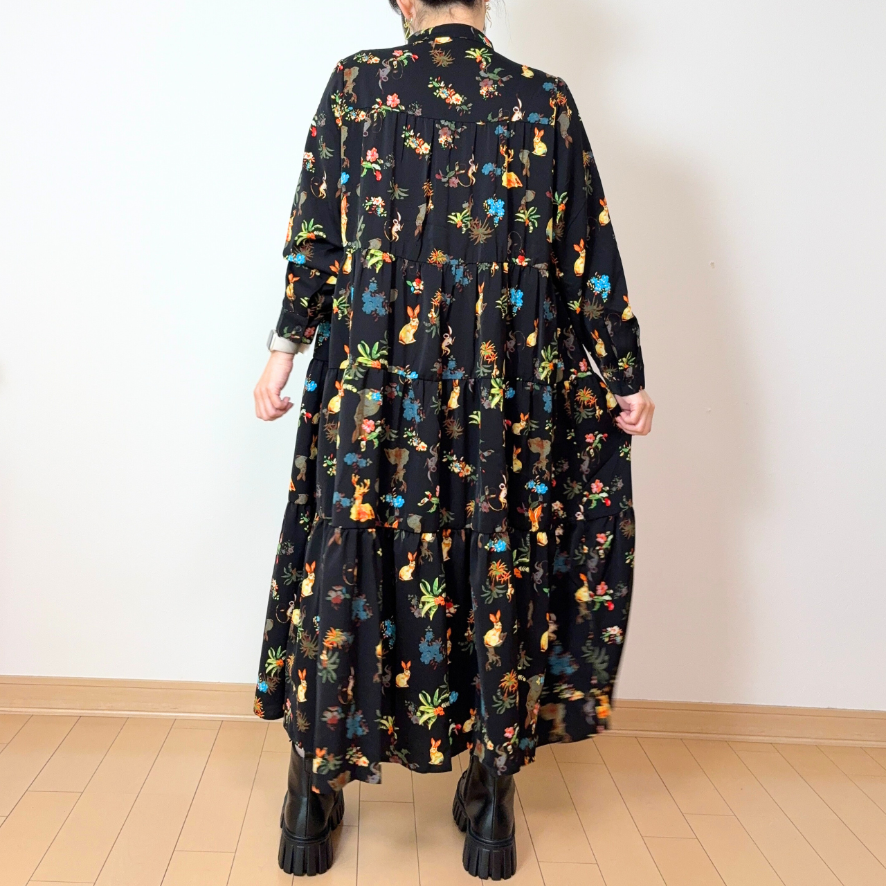 3段ティアード 前開きロングワンピース／バニードット・森の動物・B柄・サファリ柄