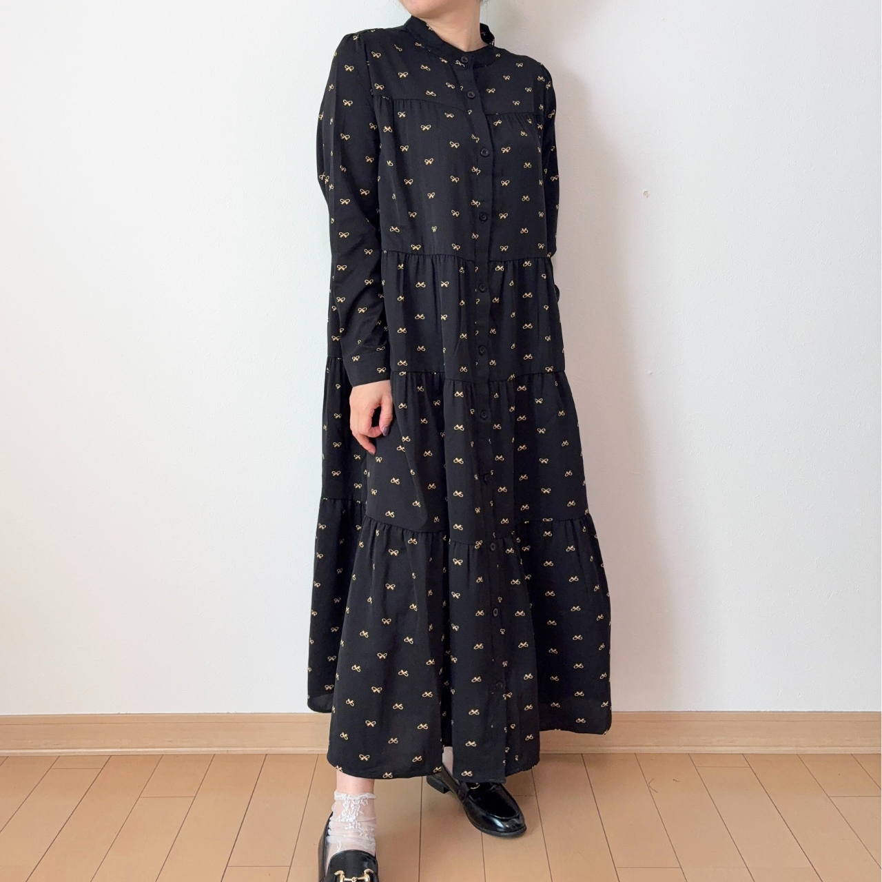 【前開き】3段ティアードロングワンピース　7柄｜イラスト／ドット／リボン柄／サファリ／バニードット／森の動物／B柄