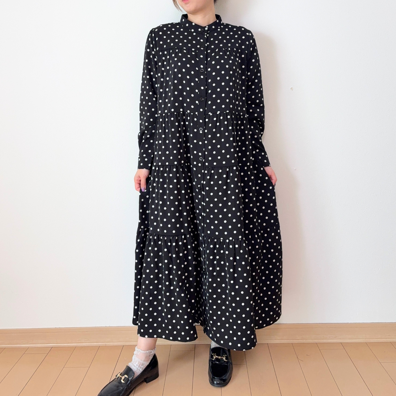 【前開き】3段ティアードロングワンピース　7柄｜イラスト／ドット／リボン柄／サファリ／バニードット／森の動物／B柄