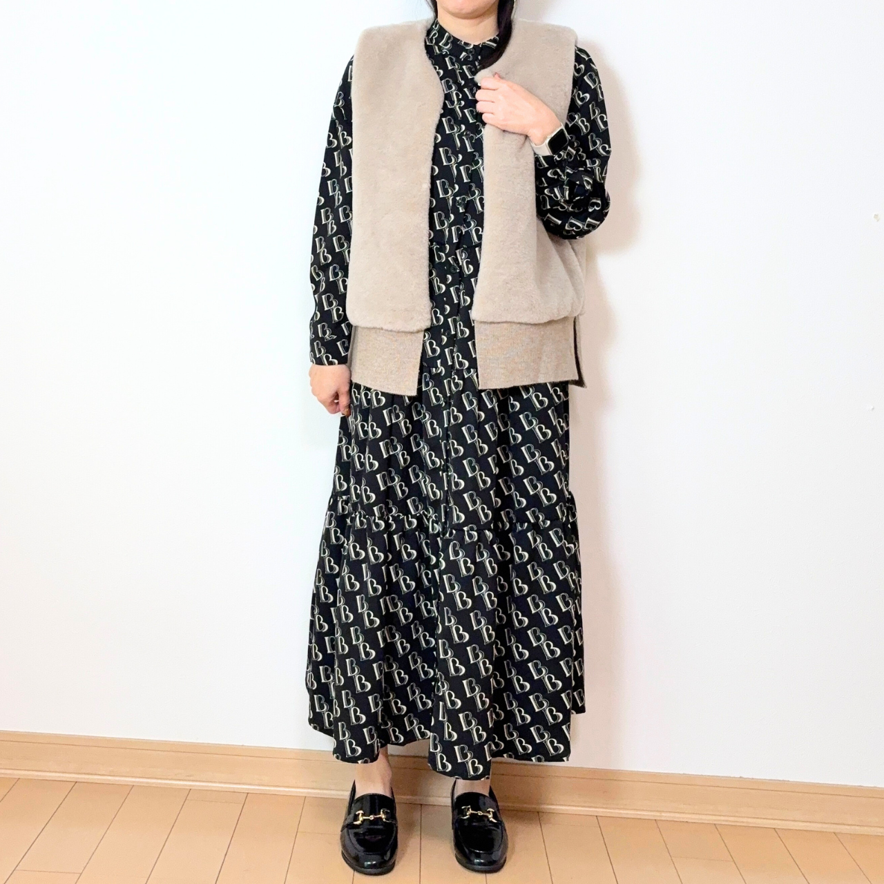 【前開き】3段ティアードロングワンピース　7柄｜イラスト／ドット／リボン柄／サファリ／バニードット／森の動物／B柄