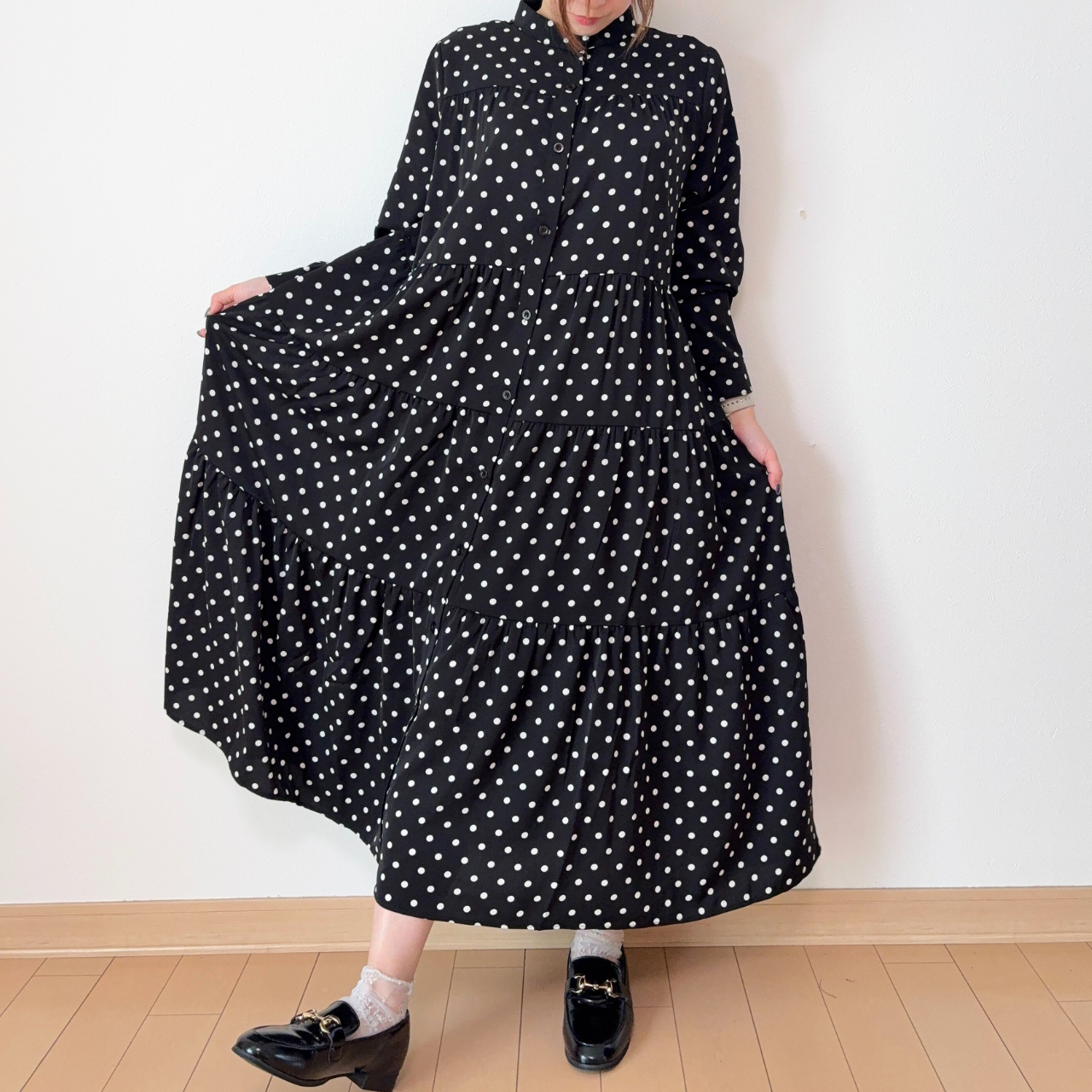 【前開き】3段ティアードロングワンピース　7柄｜イラスト／ドット／リボン柄／サファリ／バニードット／森の動物／B柄