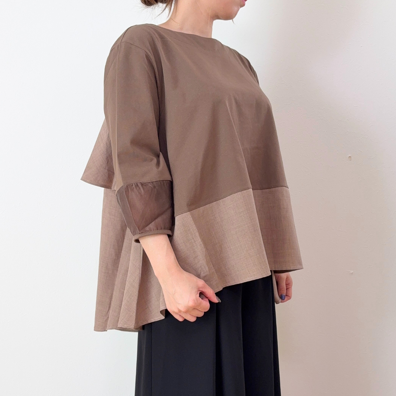 後ろフリル異素材切替トップス｜M-L対応・7分袖