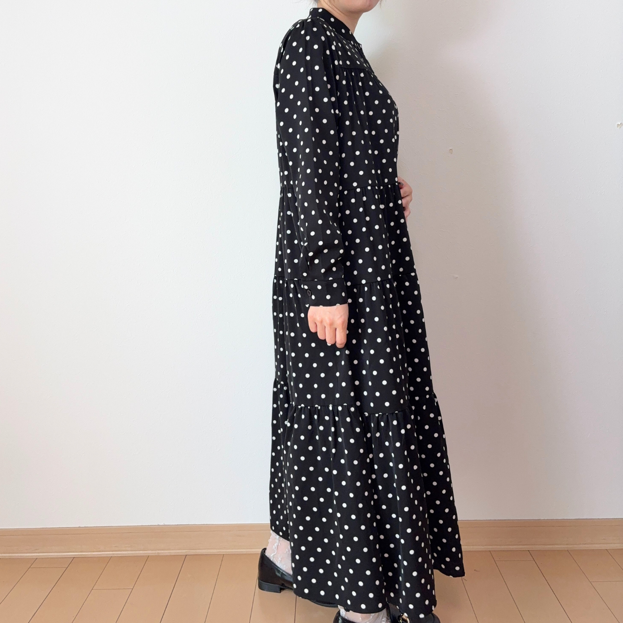 【前開き】3段ティアードロングワンピース　7柄｜イラスト／ドット／リボン柄／サファリ／バニードット／森の動物／B柄