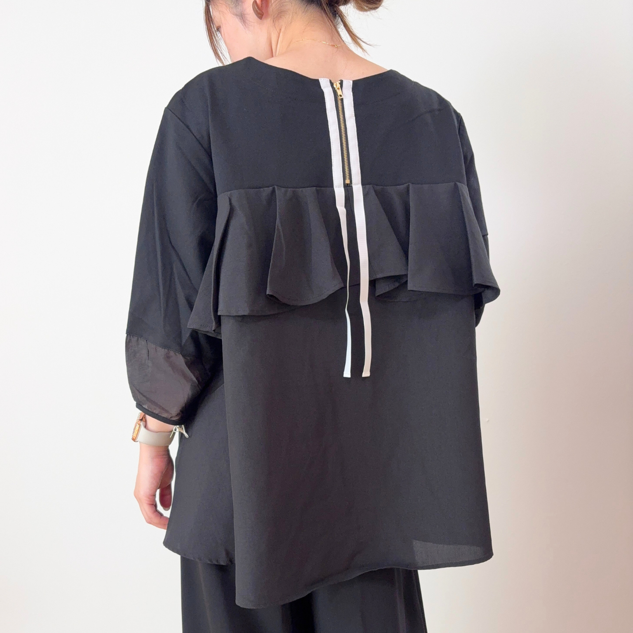 後ろフリル異素材切替トップス｜M-L対応・7分袖