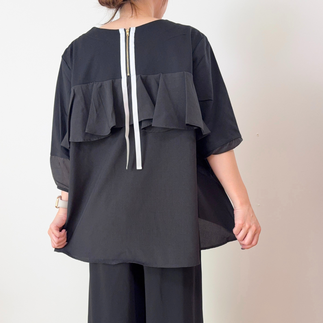 後ろフリル異素材切替トップス｜M-L対応・7分袖