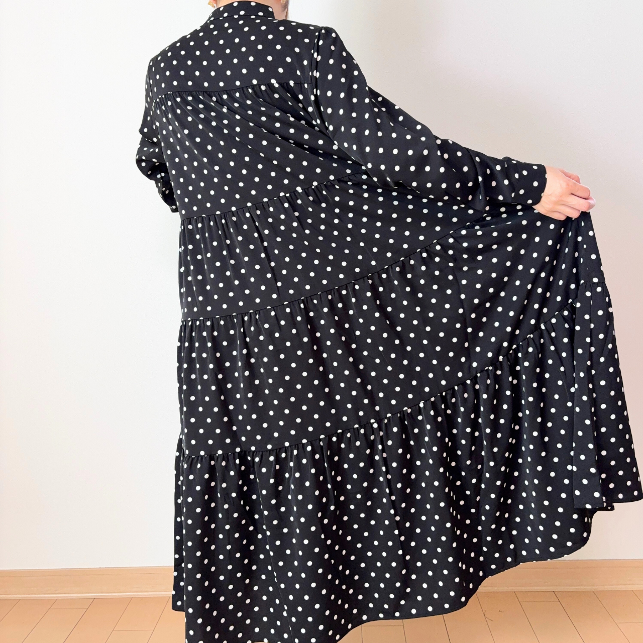 【前開き】3段ティアードロングワンピース　7柄｜イラスト／ドット／リボン柄／サファリ／バニードット／森の動物／B柄