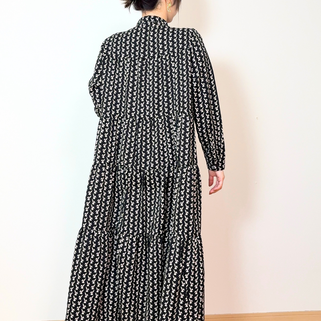 【前開き】3段ティアードロングワンピース　7柄｜イラスト／ドット／リボン柄／サファリ／バニードット／森の動物／B柄