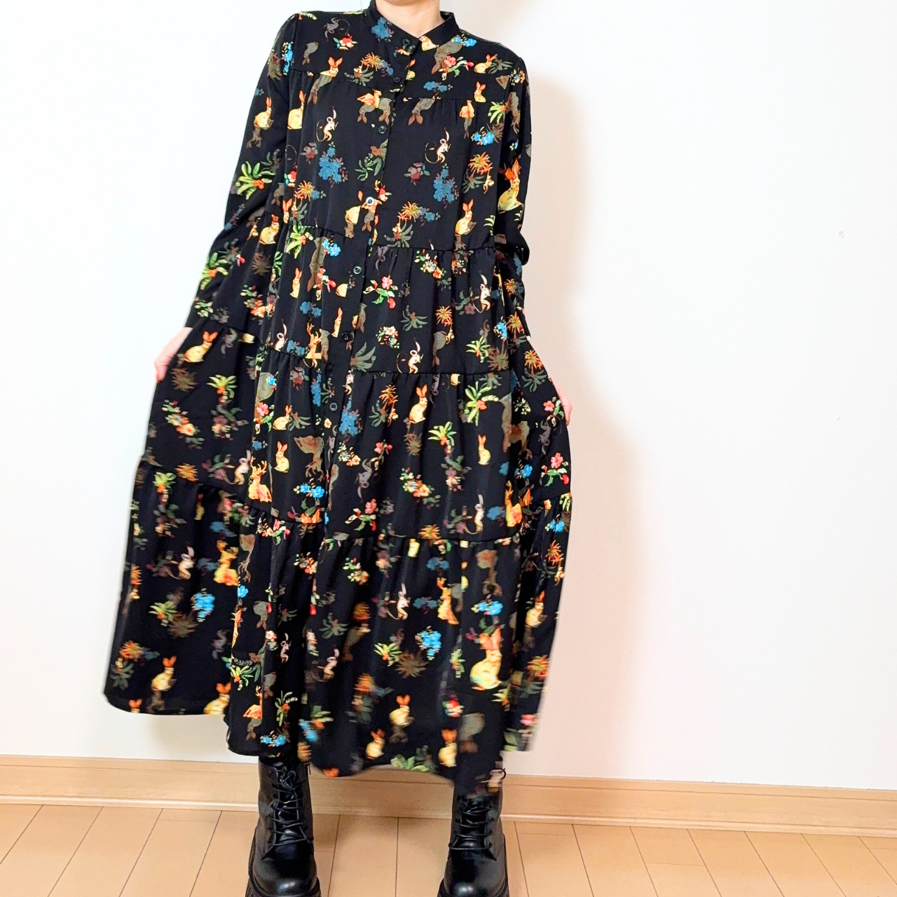 【前開き】3段ティアードロングワンピース　7柄｜イラスト／ドット／リボン柄／サファリ／バニードット／森の動物／B柄