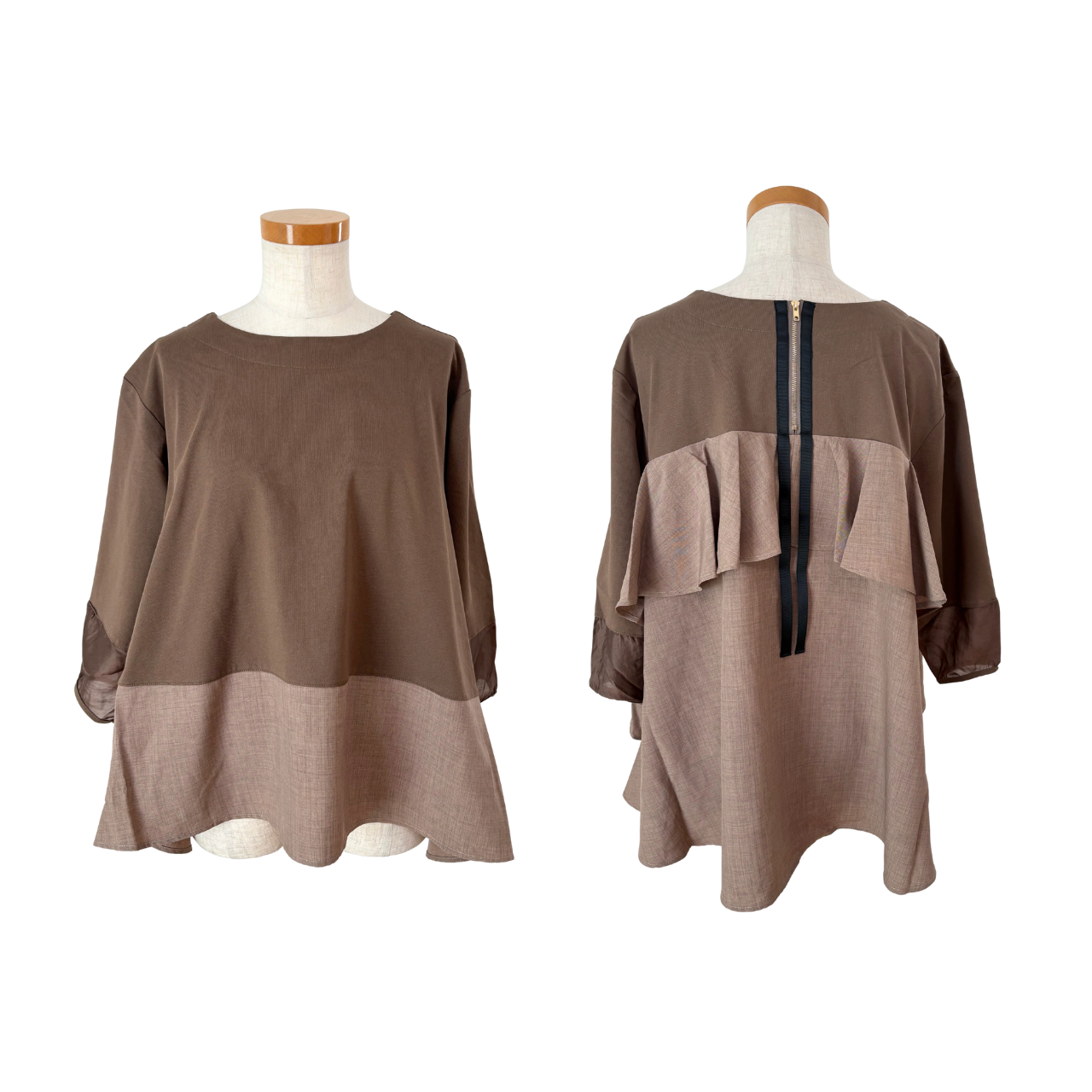 後ろフリル異素材切替トップス｜M-L対応・7分袖