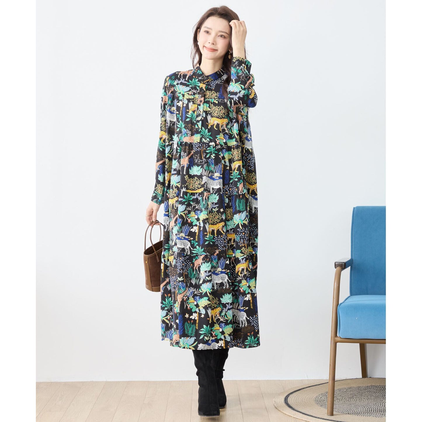 【L〜LLサイズ】サファリ柄　プルオーバーロングワンピース