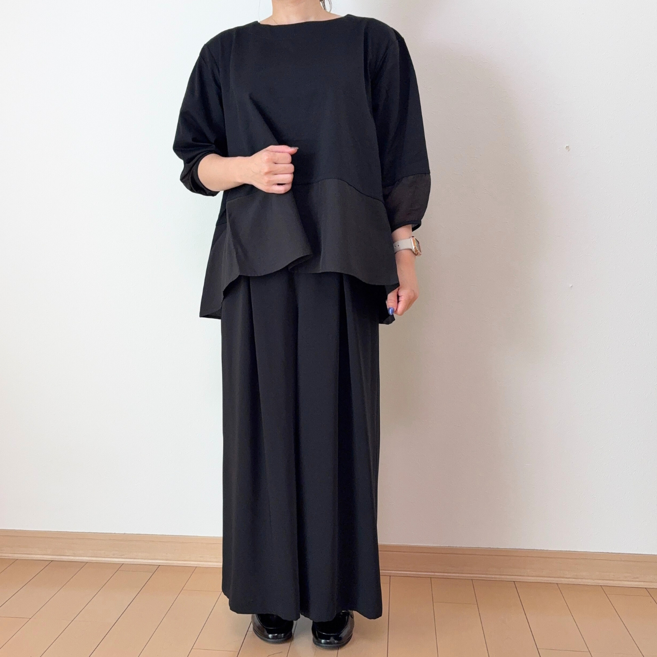 後ろフリル異素材切替トップス｜M-L対応・7分袖