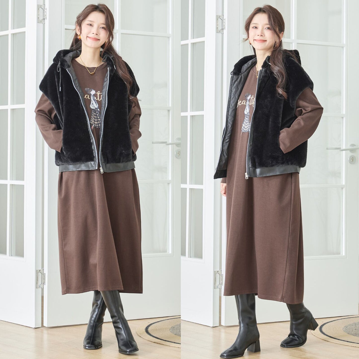 ふわ軽フード付きボアベスト／二の腕・お腹まわりをやさしくカバー