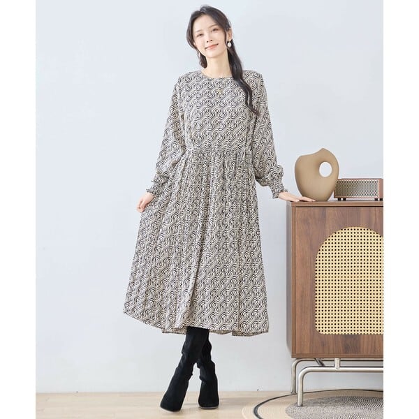 【L〜LL】アートジオメトリックプリントワンピース（N82-091A）