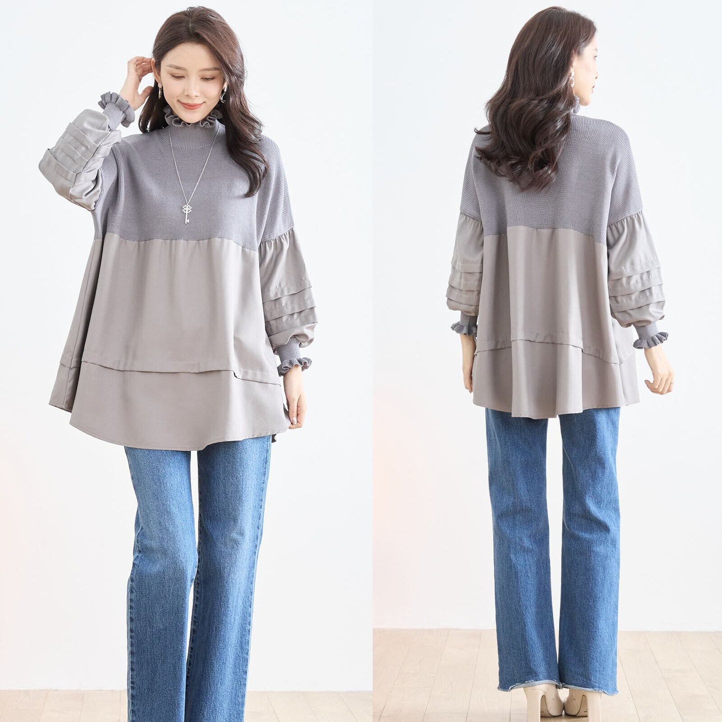 異素材切り替えフリルネックチュニック／やわらかトーンの体型カバーニットドッキングブラウス