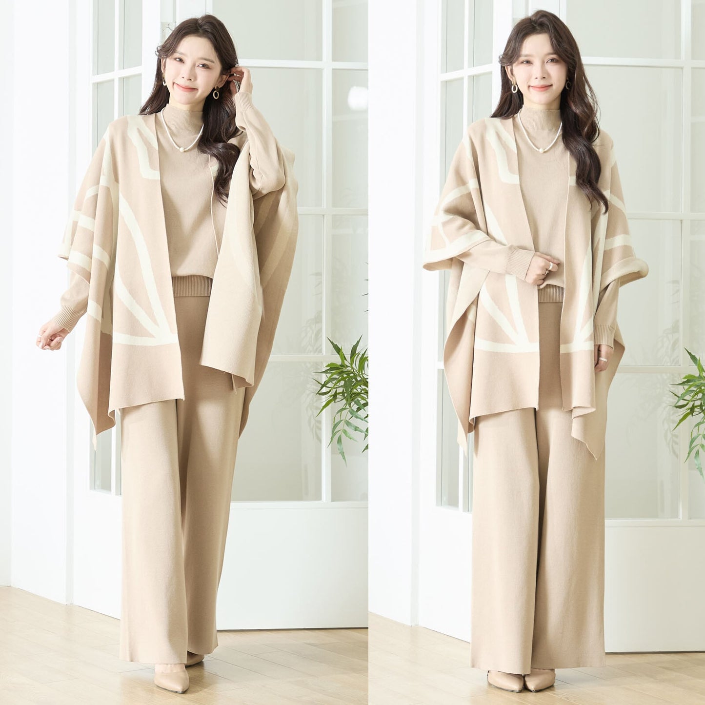【3点セット】ライン柄ジャガードニットセットアップ｜カーディガン・トップス・パンツ（M〜L）