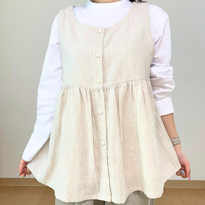 ナチュラル麻ベスト ペプラム｜体型カバー・前開き・3色展開（M〜L対応）