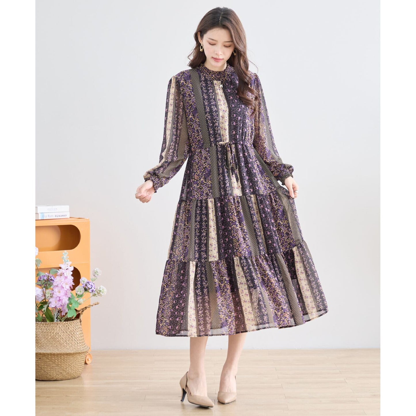 【L〜LL】エスニックシフォンティアードワンピース