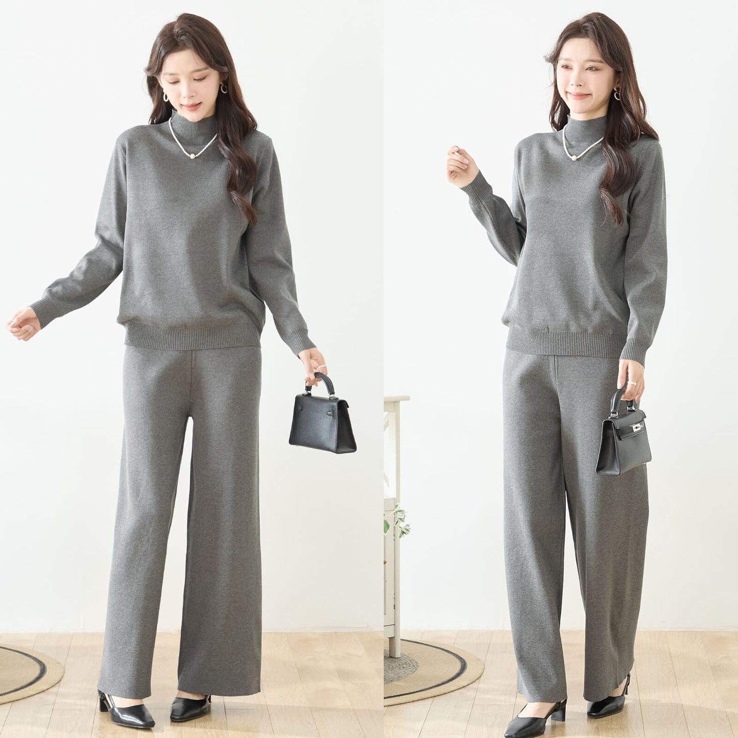 【3点セット】ライン柄ジャガードニットセットアップ｜カーディガン・トップス・パンツ（M〜L）