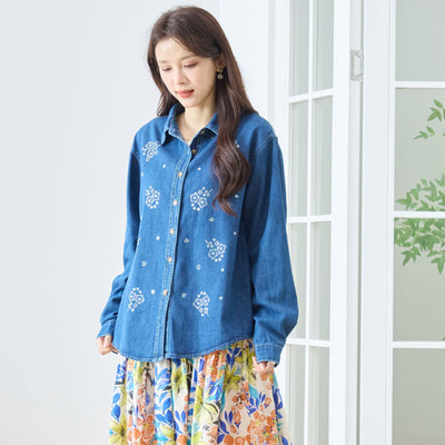 【M〜L】小花デニム刺繍シャツ(N72-520)