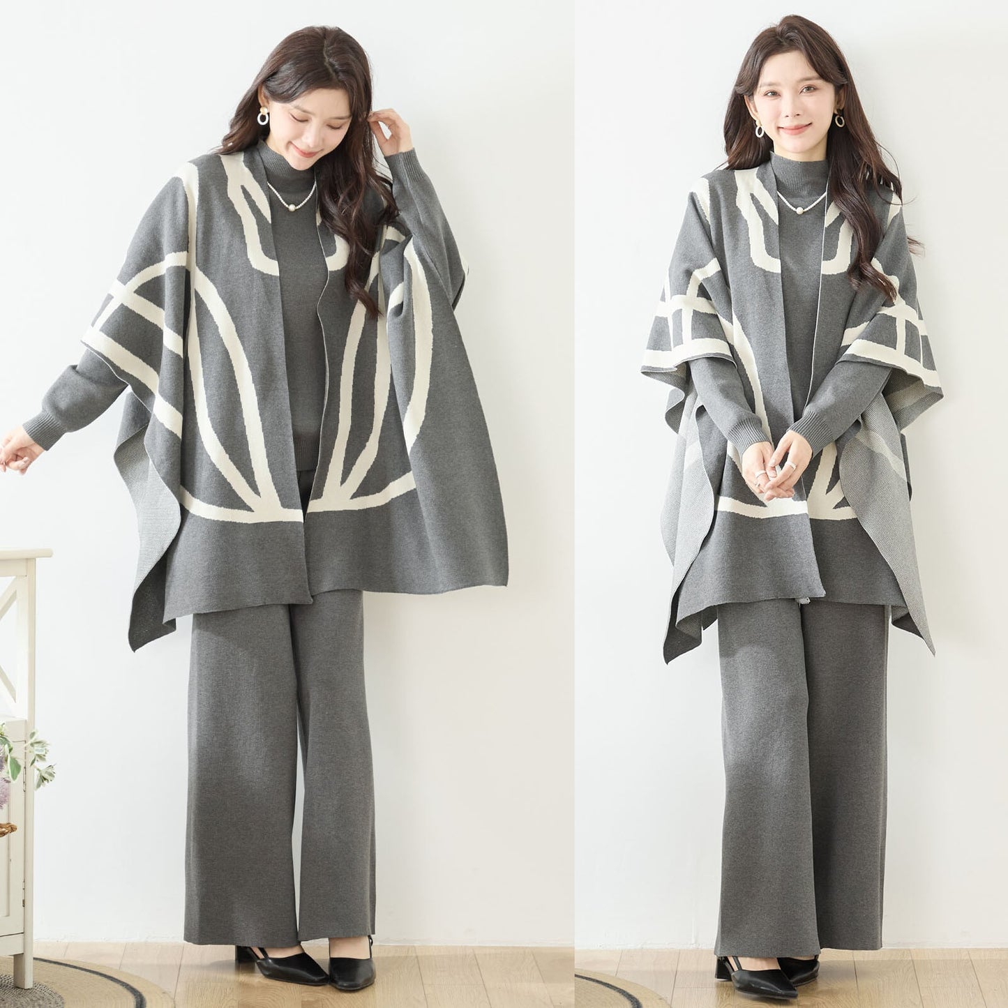 【3点セット】ライン柄ジャガードニットセットアップ｜カーディガン・トップス・パンツ（M〜L）