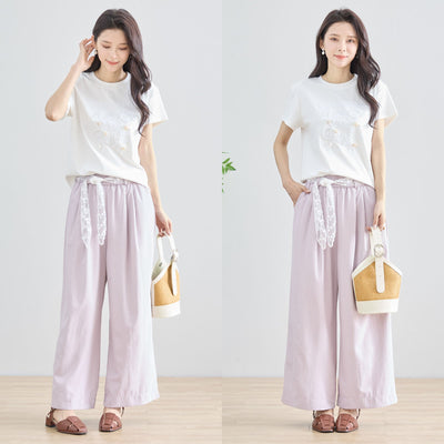 【M~L】レースリボン付きワイドパンツ(N52-068)