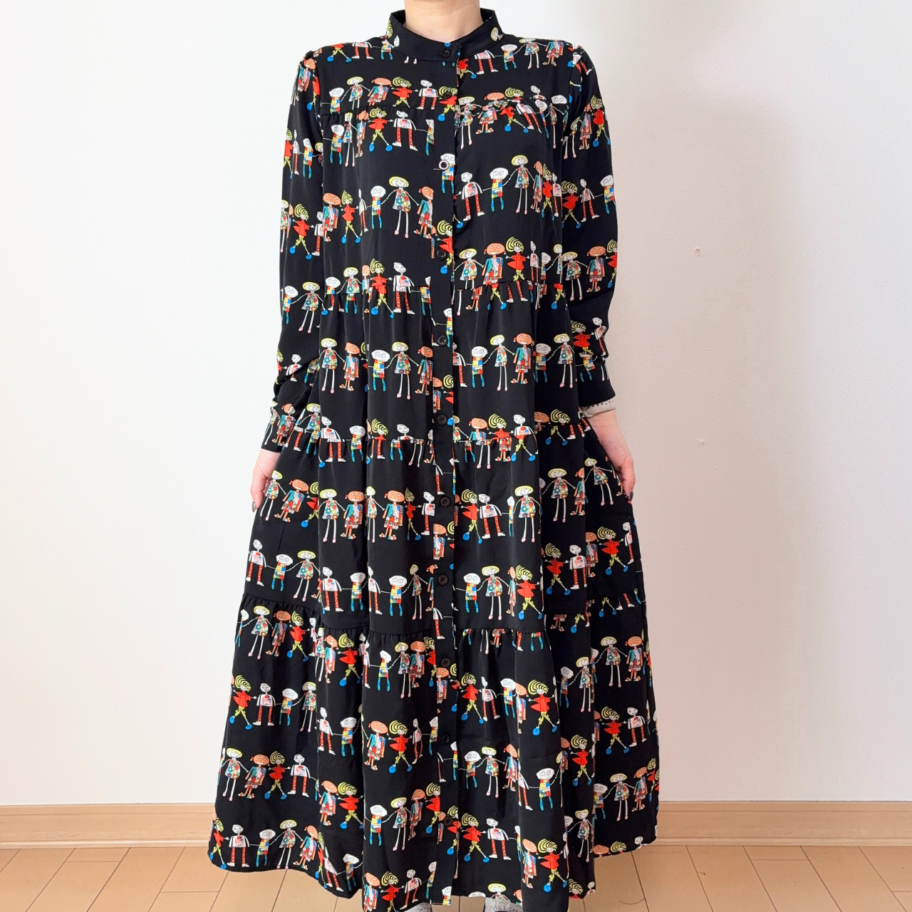 【前開き】3段ティアードロングワンピース　7柄｜イラスト／ドット／リボン柄／サファリ／バニードット／森の動物／B柄