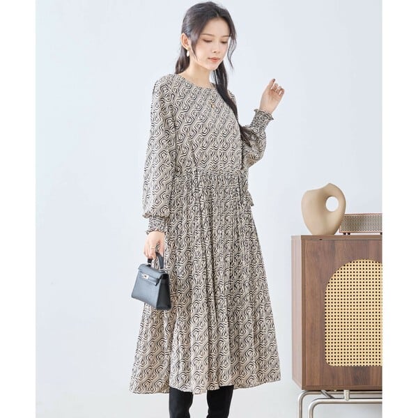 【L〜LL】アートジオメトリックプリントワンピース（N82-091A）