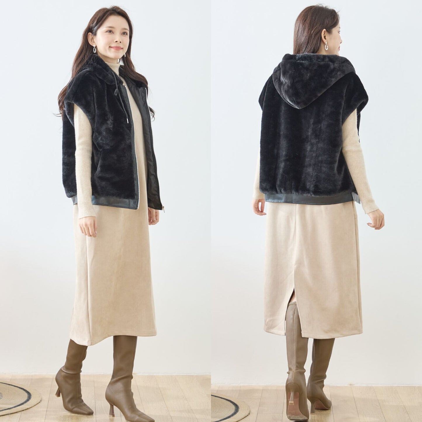 ふわ軽フード付きボアベスト／二の腕・お腹まわりをやさしくカバー