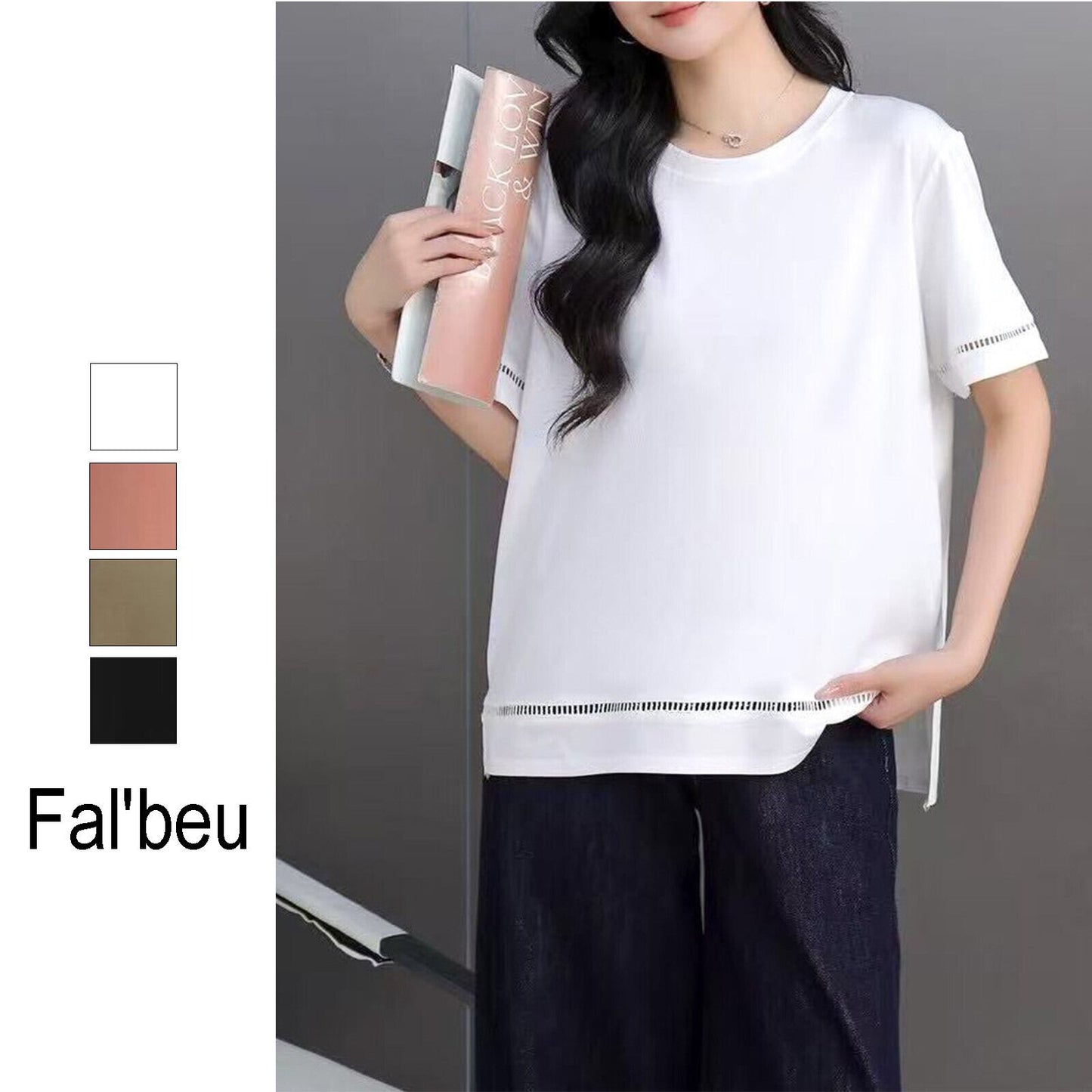 【接触冷感】格子柄透かしデザインカットソー　【Fal’beu】