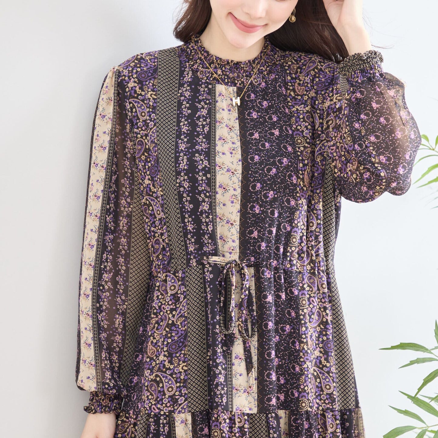 【L〜LL】エスニックシフォンティアードワンピース
