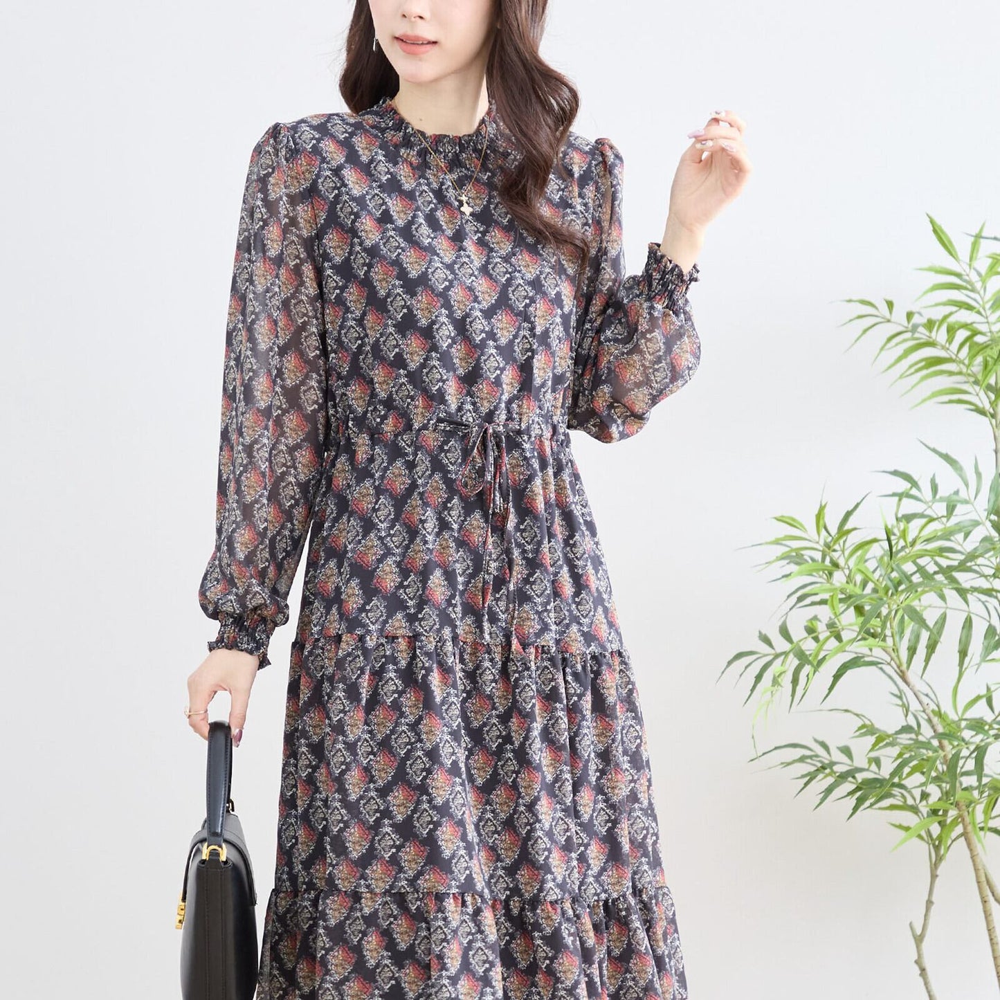 オリエンタル柄シフォンワンピース