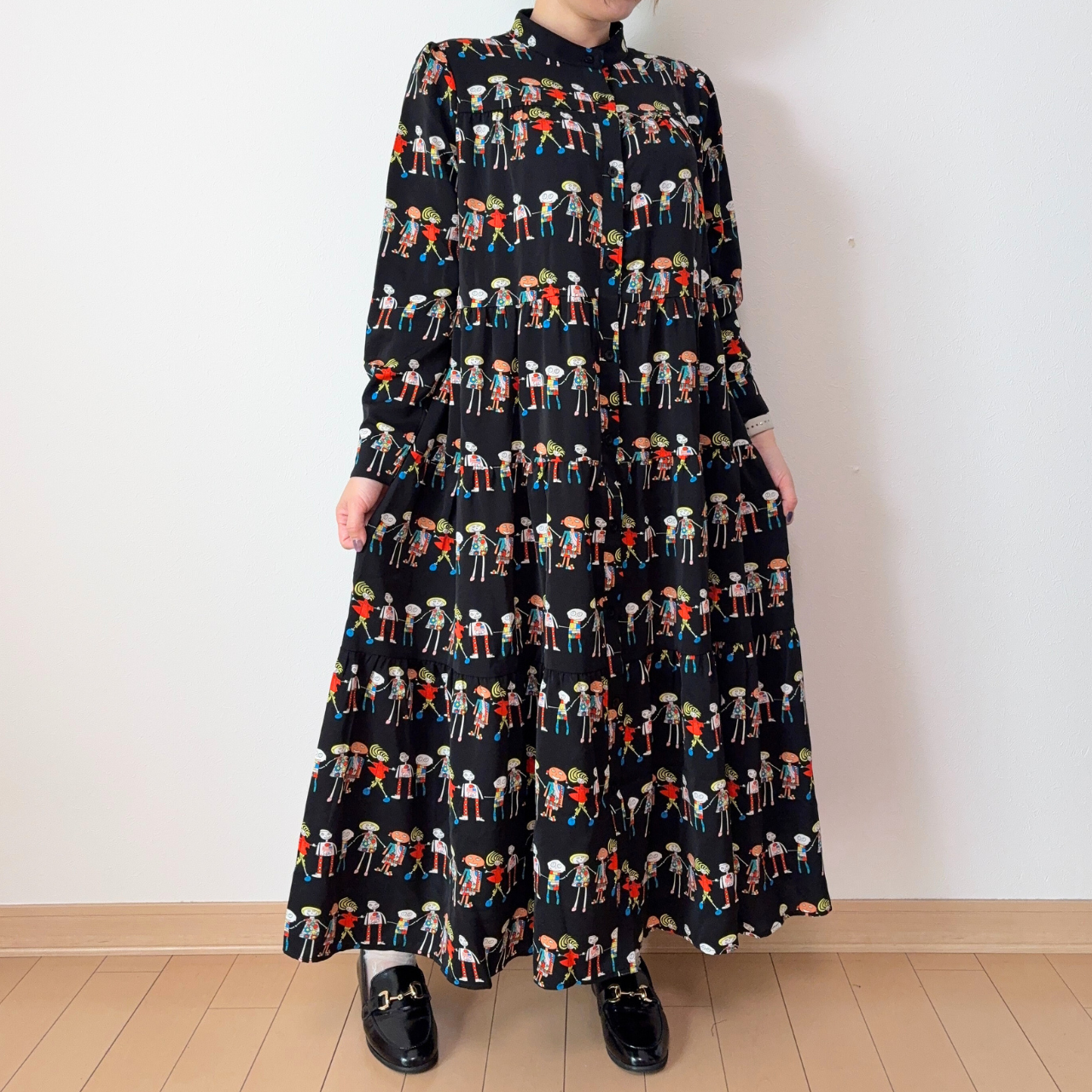 【前開き】3段ティアードロングワンピース　7柄｜イラスト／ドット／リボン柄／サファリ／バニードット／森の動物／B柄