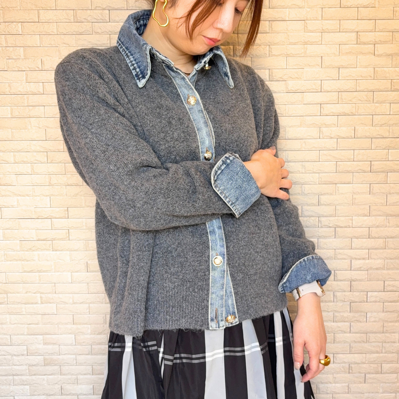 異素材切替 デニム衿×カーディガン