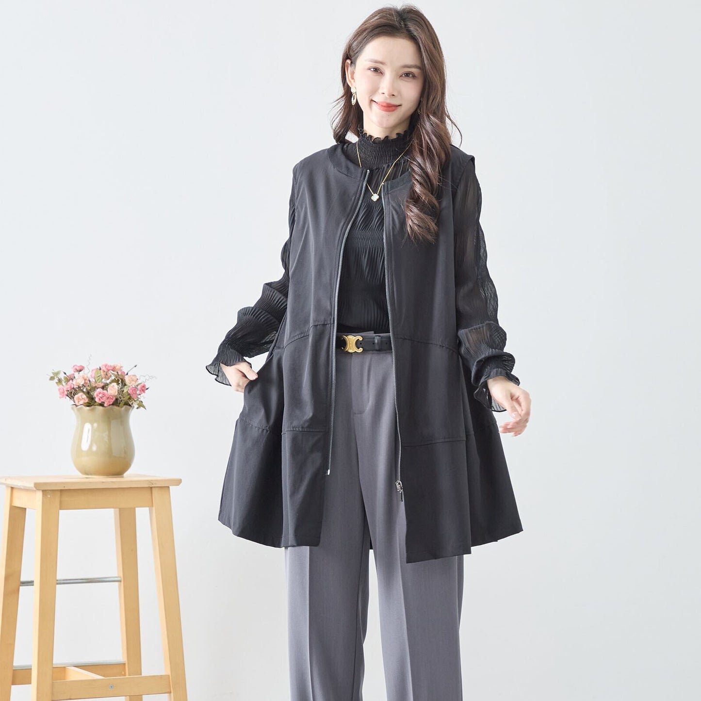 ジップアップポケットフレアロングベスト【ワンサイズ】