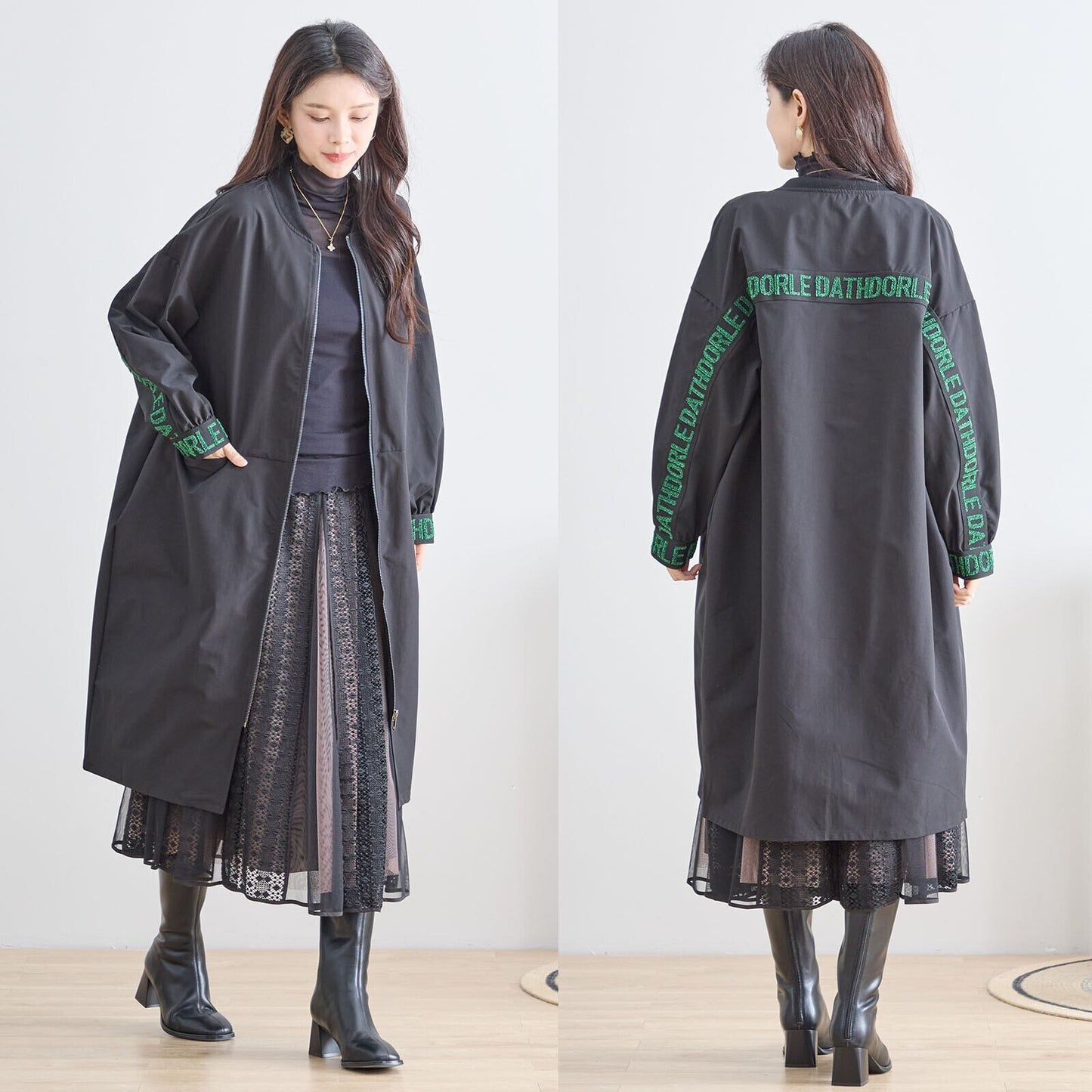 ロング丈スポーティーコート｜立体刺繍ロゴ／ゆったりシルエット