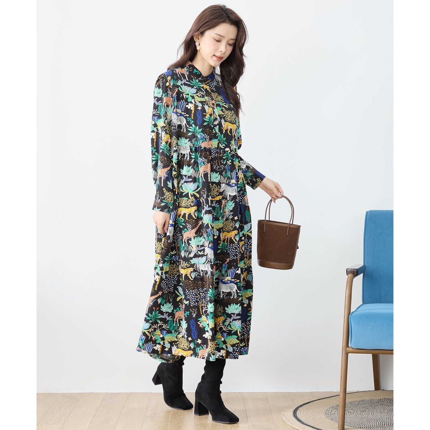 【L〜LLサイズ】サファリ柄　プルオーバーロングワンピース