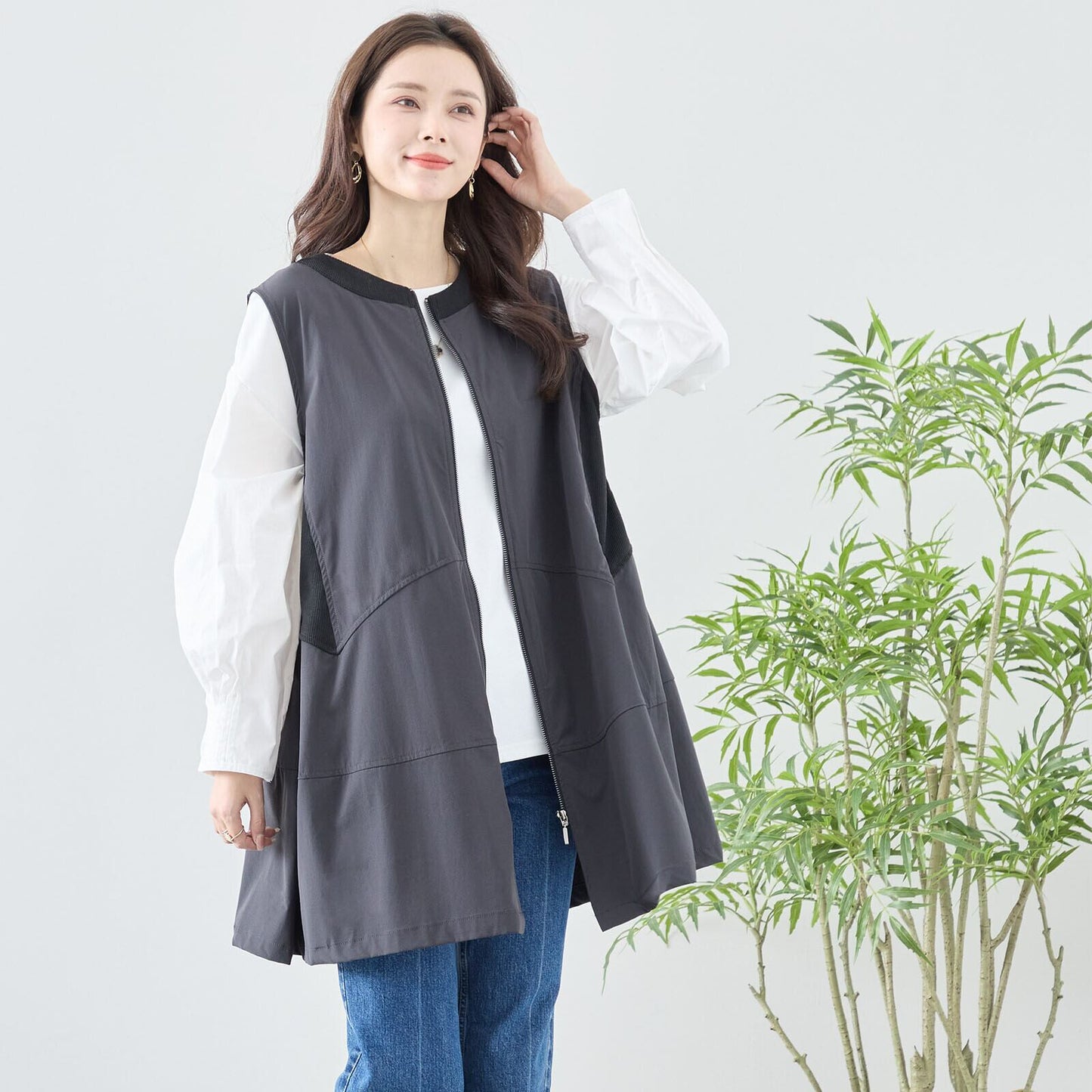 ジップアップポケットフレアロングベスト【ワンサイズ】