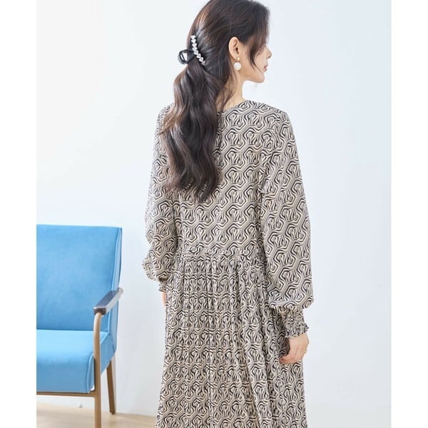 【L〜LL】アートジオメトリックプリントワンピース（N82-091A）