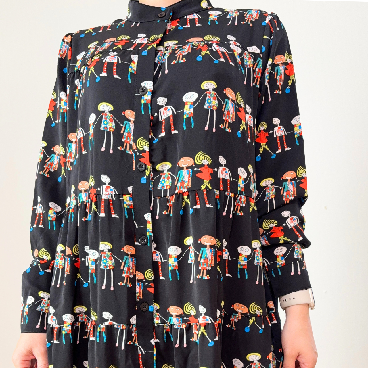 【前開き】3段ティアードロングワンピース　7柄｜イラスト／ドット／リボン柄／サファリ／バニードット／森の動物／B柄