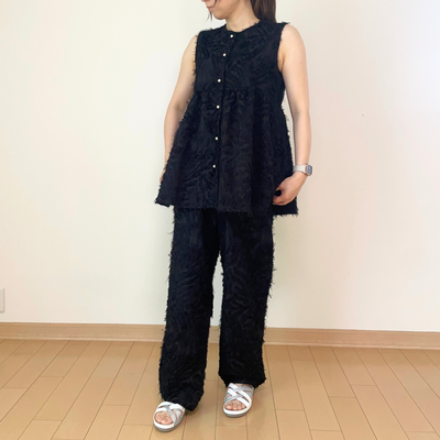 立体ジャカード ノースリーブチュニックブラウス｜白｜体型カバー・前開きボタン付